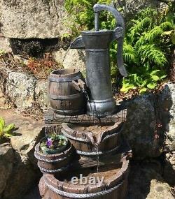 Garden Water Feature Fountain with LED Lights Outdoor Cascading Barrel New