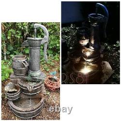 Garden Water Feature Fountain with LED Lights Outdoor Cascading Barrel New
