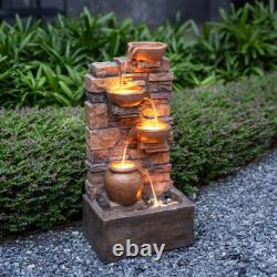 Garden Water Feature Outdoor LED Fountain Stacked Stone Cascading Brown Teamson