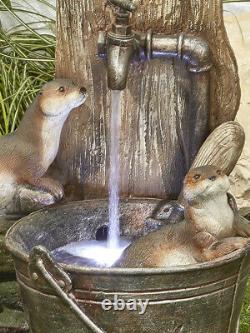 Garden Water Feature Playful Otters Fountain LED Lights by Kelkay Freestanding