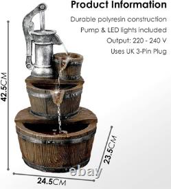 Garden Water Feature Pump Barrel Fountain with LED Lights Mains Powered, Sel