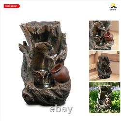Garden Water Feature Tree Log Fountain, LED Lights & Cascading, Mains Powered