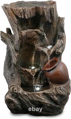 Garden Water Feature Tree Log Fountain, LED Lights & Cascading, Mains Powered