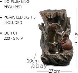 Garden Water Feature Tree Log Fountain, LED Lights & Cascading, Mains Powered