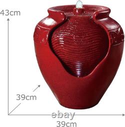 Garden Water Feature with Lights, Outdoor Tiered Small, Red Pot Water Fountain
