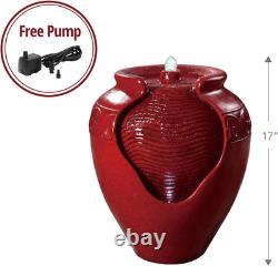 Garden Water Feature with Lights, Outdoor Tiered Small, Red Pot Water Fountain