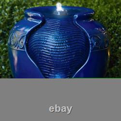 Garden Water Fountain Feature & Lights, Outdoor Blue Pot Waterfall by Teamson