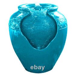 Garden Water Fountain Feature & Lights, Outdoor Teal Pot Waterfall by Teamson