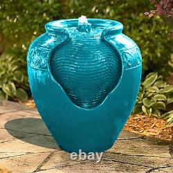 Garden Water Fountain Feature & Lights, Outdoor Teal Pot Waterfall by Teamson