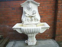 Garden Water Fountain. Large Stone Outdoor Wall Statue. Lion & Cherub & Shell