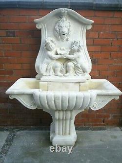 Garden Water Fountain. Large Stone Outdoor Wall Statue. Lion & Cherub & Shell