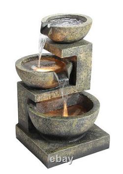 Granite Three Bowls Fountain Outdoor Garden Cascade Water Feature with Lights