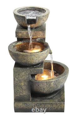 Granite Three Bowls Fountain Outdoor Garden Cascade Water Feature with Lights