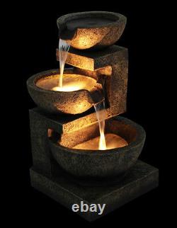 Granite Three Bowls Fountain Outdoor Garden Cascade Water Feature with Lights