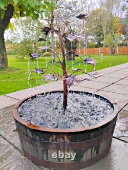 Handmade Copper Tree Garden Fountain with Oak Barrel Stand -Outdoor Water Featu