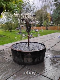 Handmade Copper Tree Garden Fountain with Oak Barrel Stand -Outdoor Water Featu