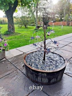 Handmade Copper Tree Garden Fountain with Oak Barrel Stand -Outdoor Water Featu