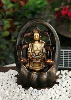 LED Solar Fountain Outdoor Water Feature Polyresin Golden Buddha Garden Statue
