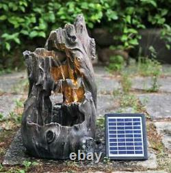 LED Solar Tree Log Outdoor Garden Water Feature Cascading Fountain Statue Decor