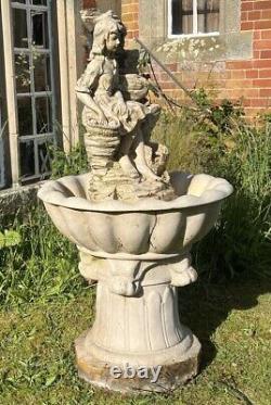 Large Cascading Water Fountain Sitting Country Maiden With Basket of Fruit