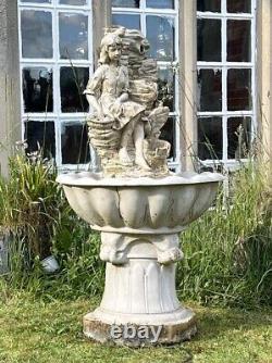 Large Cascading Water Fountain Sitting Country Maiden With Basket of Fruit