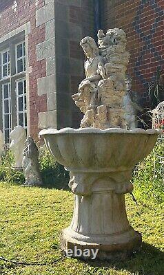 Large Cascading Water Fountain Sitting Country Maiden With Basket of Fruit