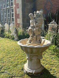 Large Cascading Water Fountain Sitting Country Maiden With Basket of Fruit