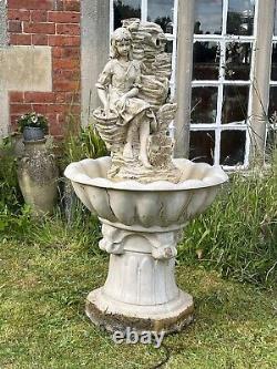 Large Cascading Water Fountain Sitting Country Maiden With Basket of Fruit