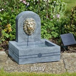 Lions Head Solar Powered Water Feature Stone-Effect Outdoor Garden Fountain