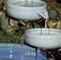 Myrtos Garden Fountain Turquoise Solar Cascade Ceramic Water Feature with Lights