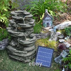 New Solar Powered Garden Water Feature Cascade Rockery Fountain LED Light Statue