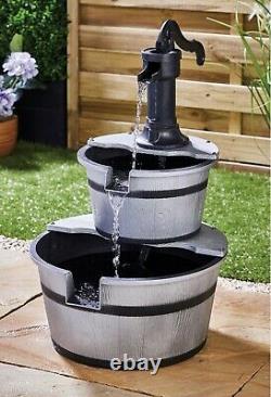 Outdoor Solar Powered 2 Tier Barrel Fountain Garden Water Feature Ornament Decor