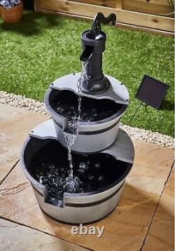 Outdoor Solar Powered 2 Tier Barrel Fountain Garden Water Feature Ornament Decor