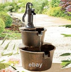 Outdoor Solar Powered 2 Tier Barrel Fountain Garden Water Feature Ornament Decor