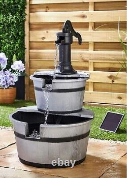 Outdoor Solar Powered 2 Tier Barrel Fountain Garden Water Feature Ornament Decor