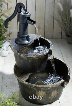 Outdoor Solar Powered 2 Tier Barrel Fountain Garden Water Feature Ornament Decor
