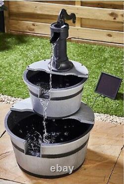 Outdoor Solar Powered 2 Tier Barrel Fountain Garden Water Feature Ornament Decor