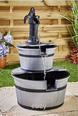 Outdoor Solar Powered 2 Tier Barrel Fountain Garden Water Feature Ornament Decor