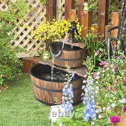 Outsunny Wooden Water Pump Fountain Cascading Feature Barrel Garden Deck 2 Tier