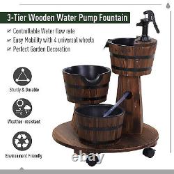 Patio Wooden Water Fountain 3 Barrels Set with Pump for Garden