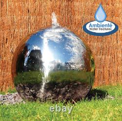 Polished Stainless Steel Sphere Water Feature Fountain Cascade Garden LEDs 40cm