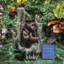 Retro Tree Log Cascading Fountain Solar Garden Water Feature LED Statues Decor