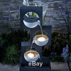Outdoor Self Contained Freestanding Stone Effect Fountain with LED Lights 46cm Serenity Four-Tier Cascading Bowl Water Feature Indoor Vase Water Ornament Decor