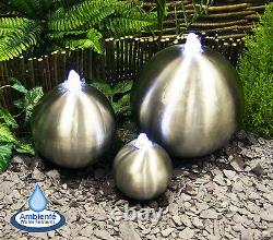 Silver Sphere Water Feature Fountain Cascade Contemporary Stainless Steel Garden