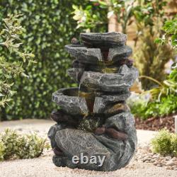 Solar 4 Tier Rock Cascading Fountain Outdoor Garden Water Feature LED Statues