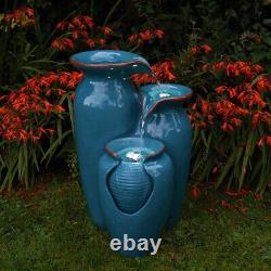 Solar & Battery LED Lit Turquoise Jug Cascade Outdoor Water Fountain Feature