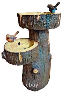 Solar Bird Bath Water Feature Garden Fountain LED Wood Effect 1902