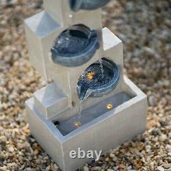 Solar Bowls Water Feature Tiered Grey Cascade Fountain Battery LED Lights 53cm