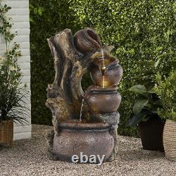 Solar Cascading Water Fountain Withered Tree Barrel Jar Garden Water Feature LED