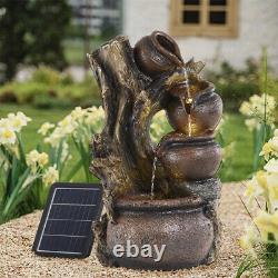 Solar Cascading Water Fountain Withered Tree Barrel Jar Garden Water Feature LED